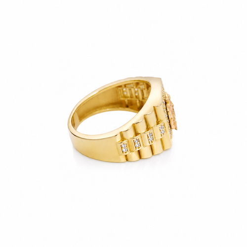 14KT Gold Ring Men's Square Two Tone St. Jude Plain Border with White CZ Stones Background Side Design White CZ Stones and Jubilee Band