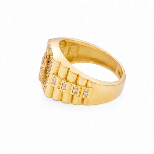 14KT Gold Ring Men's Square Two Tone St. Jude Plain Border with White CZ Stones Background Side Design White CZ Stones and Jubilee Band
