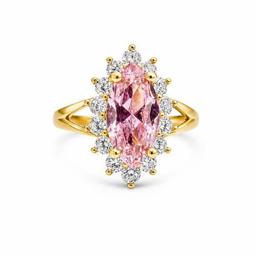 14KT Women's Gold Ring Jumbo Pink Marquise Center CZ with Round White CZ Stones Border and Plain Split Band
