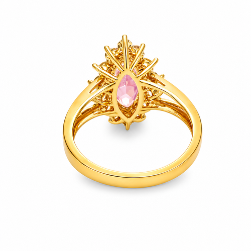 14KT Women's Gold Ring Jumbo Pink Marquise Center CZ with Round White CZ Stones Border and Plain Split Band