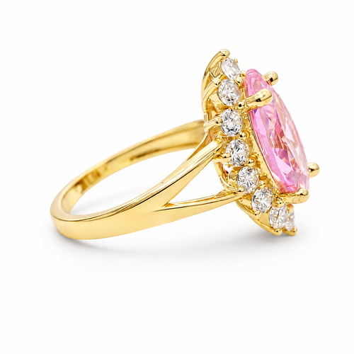 14KT Women's Gold Ring Jumbo Pink Marquise Center CZ with Round White CZ Stones Border and Plain Split Band
