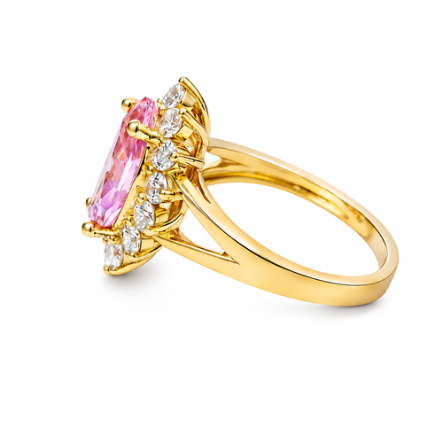 14KT Women's Gold Ring Jumbo Pink Marquise Center CZ with Round White CZ Stones Border and Plain Split Band