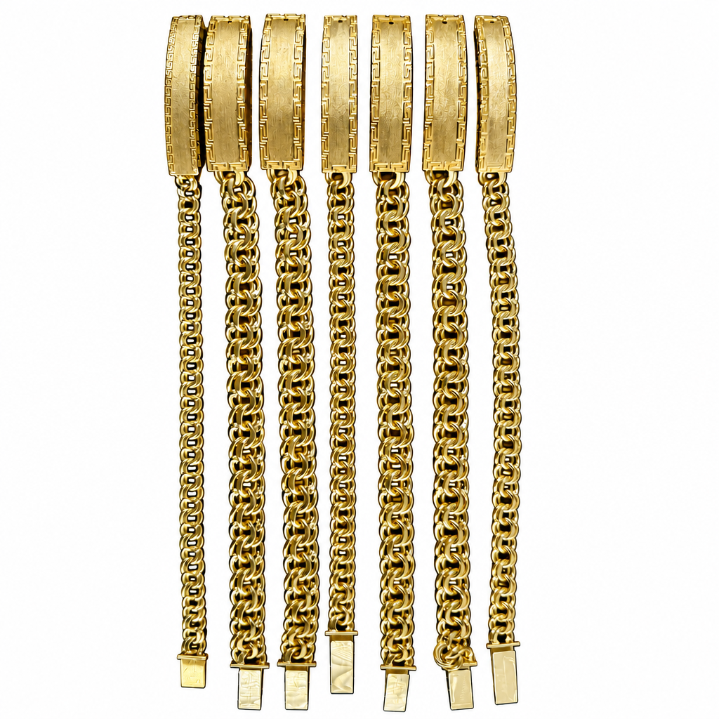 14KT Gold Bracelet Hollow Chino Band with Greek Border Name Plate 1mm