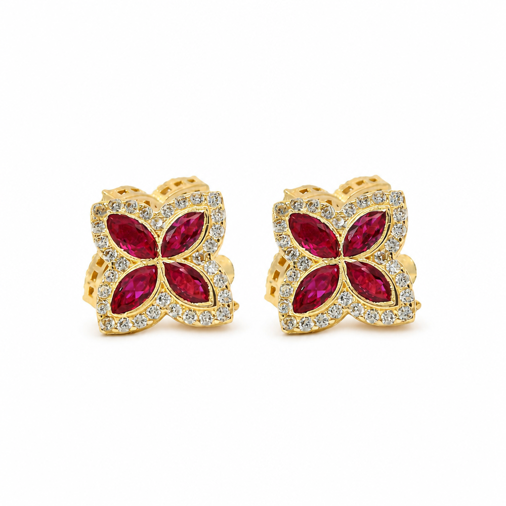 14KT Gold Earrings Small 3D Dark Pink Marquise CZ Stones Four Leaf Clover with White CZ Stones Border, Plain Edge, and Push Back Post with Butterfly Backs