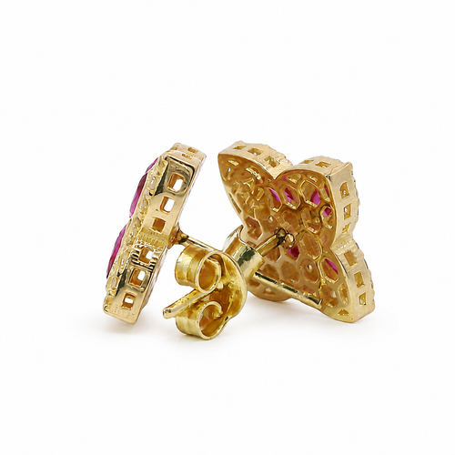14KT Gold Earrings Small 3D Dark Pink Marquise CZ Stones Four Leaf Clover with White CZ Stones Border, Plain Edge, and Push Back Post with Butterfly Backs