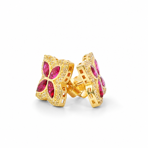 14KT Gold Earrings Small 3D Dark Pink Marquise CZ Stones Four Leaf Clover with White CZ Stones Border, Plain Edge, and Push Back Post with Butterfly Backs