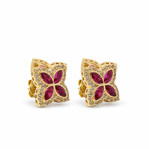 14KT Gold Earrings Small 3D Dark Pink Marquise CZ Stones Four Leaf Clover with White CZ Stones Border, Plain Edge, and Push Back Post with Butterfly Backs