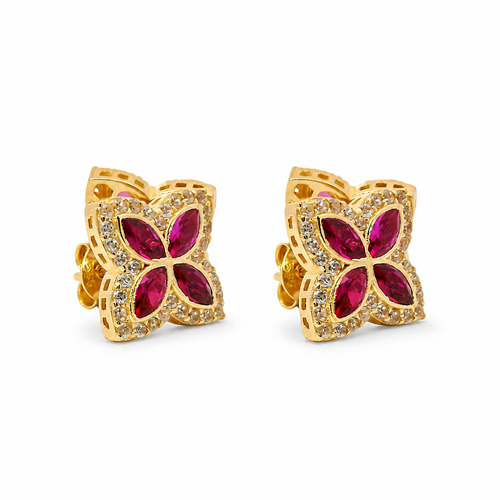 14KT Gold Earrings Small 3D Dark Pink Marquise CZ Stones Four Leaf Clover with White CZ Stones Border, Plain Edge, and Push Back Post with Butterfly Backs