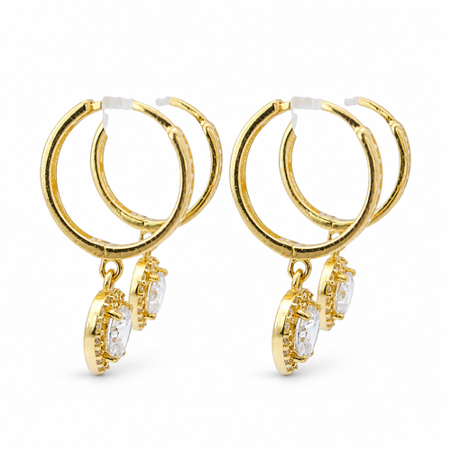 14KT Gold Earring Medium White CZ Stones Heart Charm Huggie