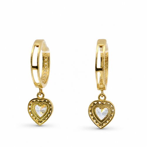 14KT Gold Earring Medium White CZ Stones Heart Charm Huggie