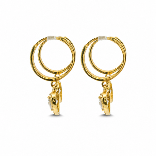 14KT Gold Earring Medium White CZ Stones Heart Charm Huggie