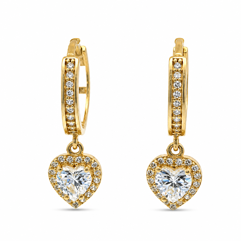 14KT Gold Earring Medium White CZ Stones Heart Charm Huggie