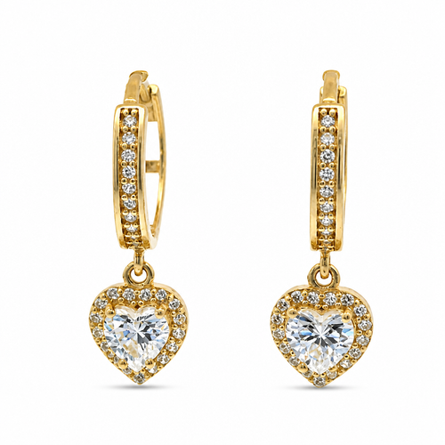 14KT Gold Earring Medium White CZ Stones Heart Charm Huggie