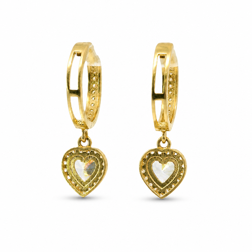 14KT Gold Earring Medium White CZ Stones Heart Charm Huggie