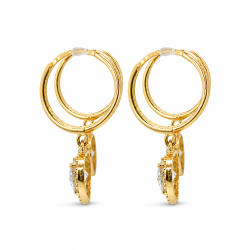 14KT Gold Earring Medium White CZ Stones Heart Charm Huggie