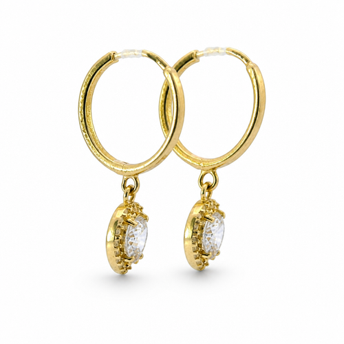 14KT Gold Earring Medium White CZ Stones Heart Charm Huggie