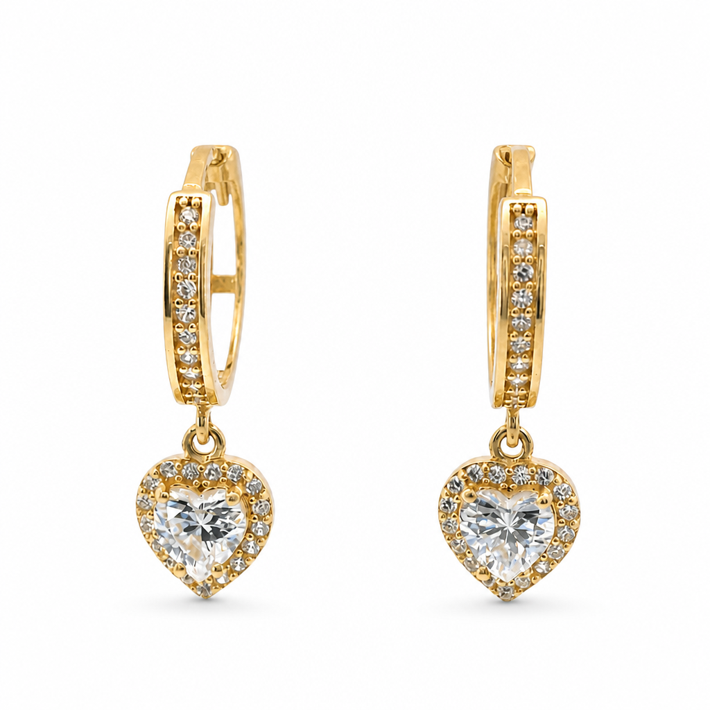 14KT Gold Earring Medium White CZ Stones Heart Charm Huggie