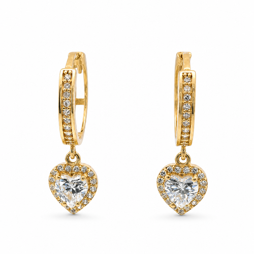 14KT Gold Earring Medium White CZ Stones Heart Charm Huggie