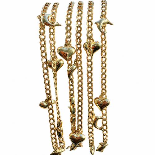 14KT Gold Hollow Curb Anklet with Puff Dolphin and Heart Charms 3.5mm