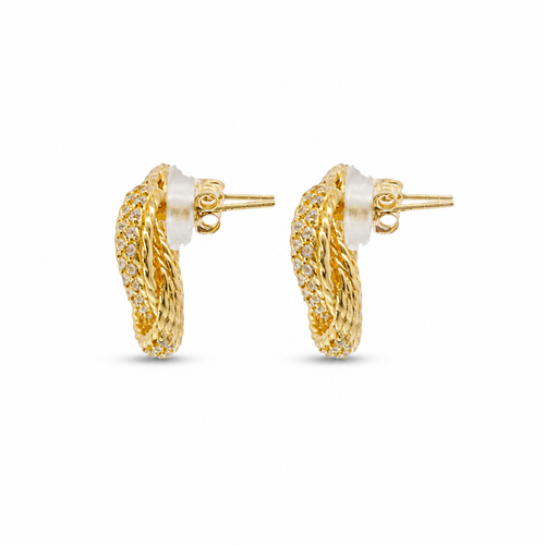 14KT Gold Earrings Medium Open Center Four Strand Flattened White CZ Stones Braided Notched Cords Knot with Push Back Post and Butterfly Backs