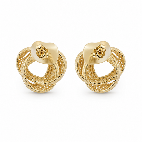 14KT Gold Earrings Medium Open Center Four Strand Flattened White CZ Stones Braided Notched Cords Knot with Push Back Post and Butterfly Backs