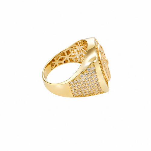 14KT Gold Ring Men's Horseshoe Shape Two Tone St. Muerte Coin Cener with Baguette Horseshoe Border and Seven Pave White CZ Stone Rows on Sides