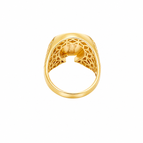 14KT Gold Ring Men's Horseshoe Shape Two Tone St. Muerte Coin Cener with Baguette Horseshoe Border and Seven Pave White CZ Stone Rows on Sides