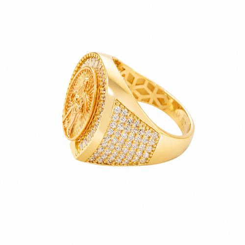 14KT Gold Ring Men's Horseshoe Shape Two Tone St. Muerte Coin Cener with Baguette Horseshoe Border and Seven Pave White CZ Stone Rows on Sides