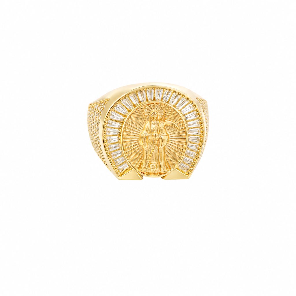 14KT Gold Ring Men's Horseshoe Shape Two Tone St. Muerte Coin Cener with Baguette Horseshoe Border and Seven Pave White CZ Stone Rows on Sides