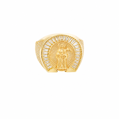 14KT Gold Ring Men's Horseshoe Shape Two Tone St. Muerte Coin Cener with Baguette Horseshoe Border and Seven Pave White CZ Stone Rows on Sides