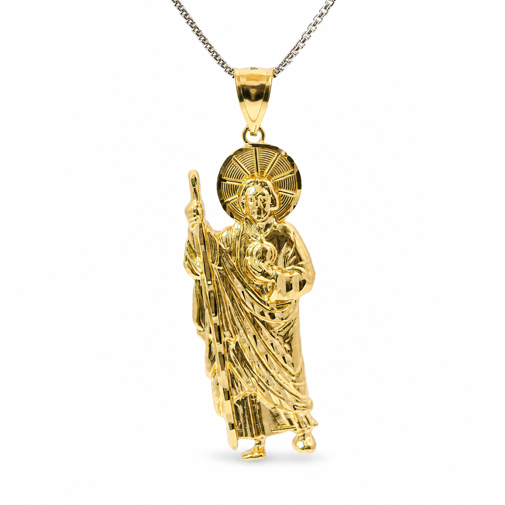 14KT Gold Charm Small Diamond Cut Halo Left Facing St Jude with Plain Bell