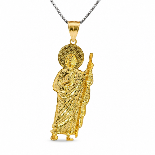 14KT Gold Charm Small Diamond Cut Halo Left Facing St Jude with Plain Bell