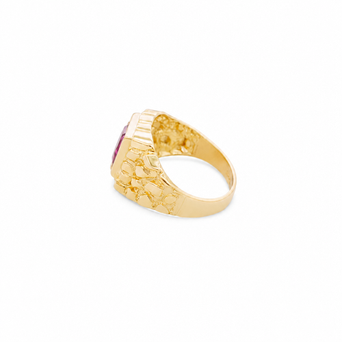 14KT Gold Ring Men's Red Square CZ Stone Nugget Border Side Design Nugget