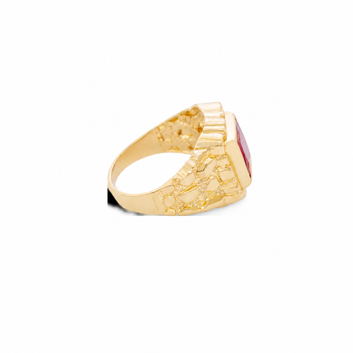 14KT Gold Ring Men's Red Square CZ Stone Nugget Border Side Design Nugget