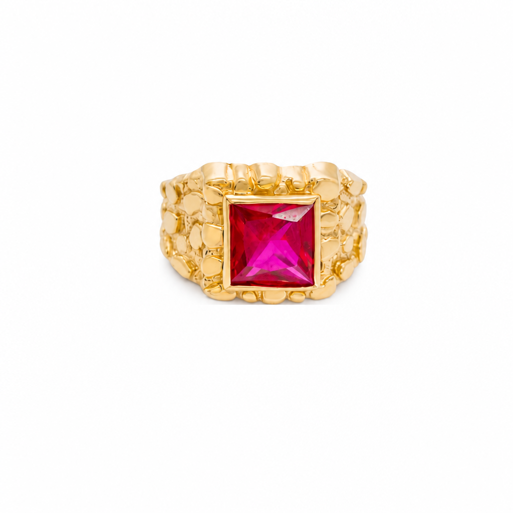 14KT Gold Ring Men's Red Square CZ Stone Nugget Border Side Design Nugget