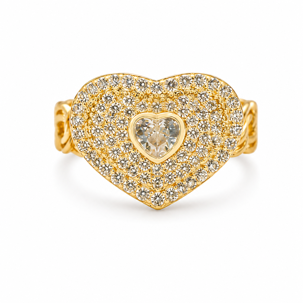 14KT Gold Ring Women's Heart Shape White Center CZ Stone with White CZ Stone Background and Border Chino Link Band