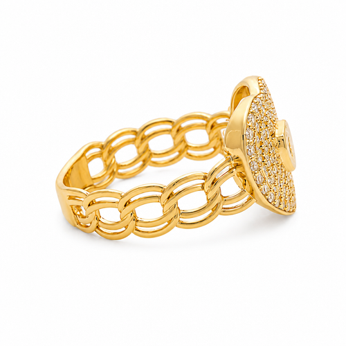 14KT Gold Ring Women's Heart Shape White Center CZ Stone with White CZ Stone Background and Border Chino Link Band