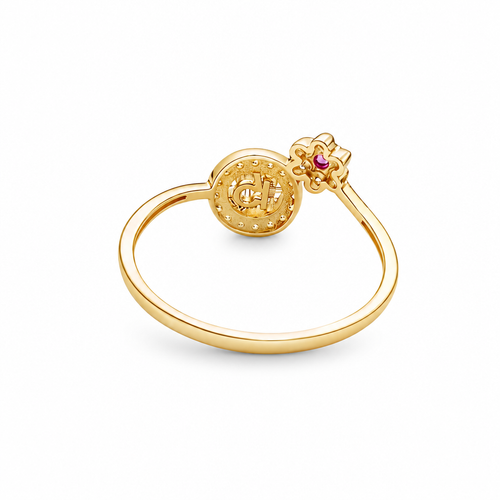 14KT Gold Ring Women's "15" Round Quinceanera White CZ Stones Border and Corner Six Petal White CZ Stones Flower with Dark Pink Center Plain Band