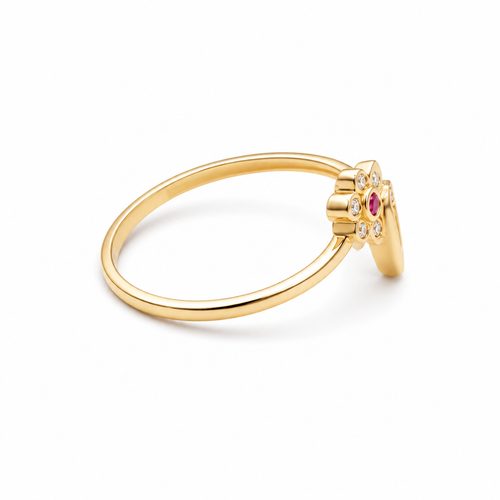 14KT Gold Ring Women's "15" Round Quinceanera White CZ Stones Border and Corner Six Petal White CZ Stones Flower with Dark Pink Center Plain Band