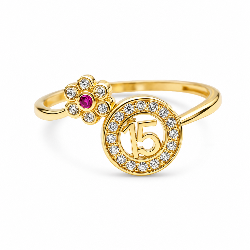 14KT Gold Ring Women's "15" Round Quinceanera White CZ Stones Border and Corner Six Petal White CZ Stones Flower with Dark Pink Center Plain Band