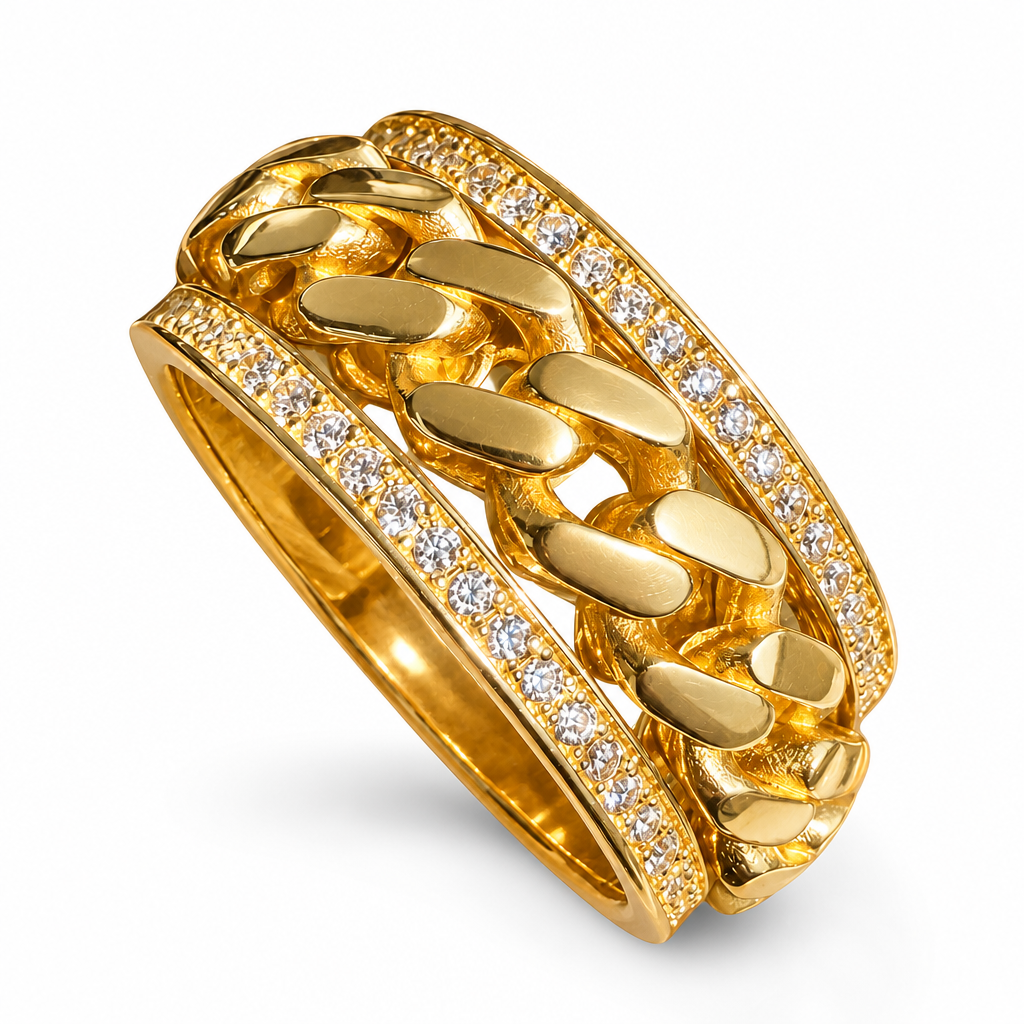 14KT Gold Ring Men's Band Jumbo Cuban Spinner White CZ Stones Border