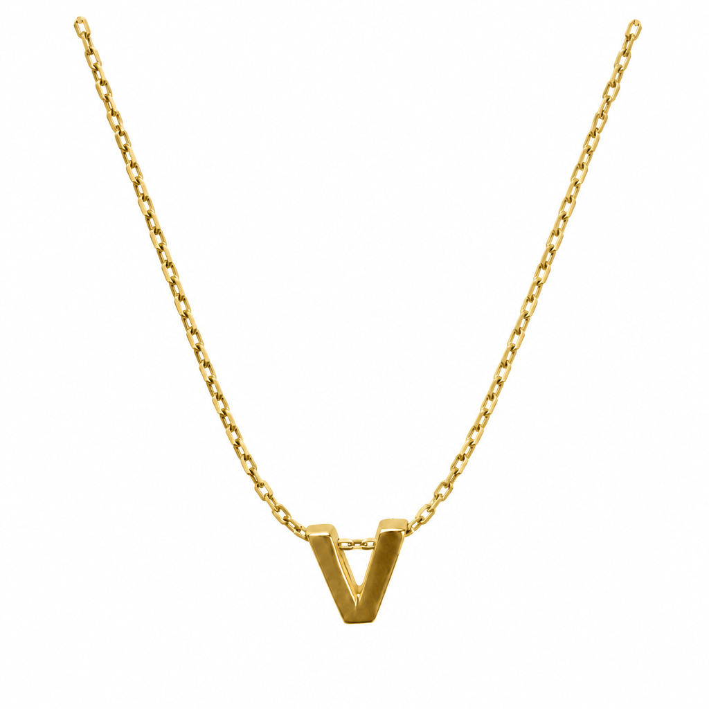 14KT Gold Solid Set Thin Chain Cable Link with Spring Lock Clasp and Single Block Font Uppercase Initial "V"