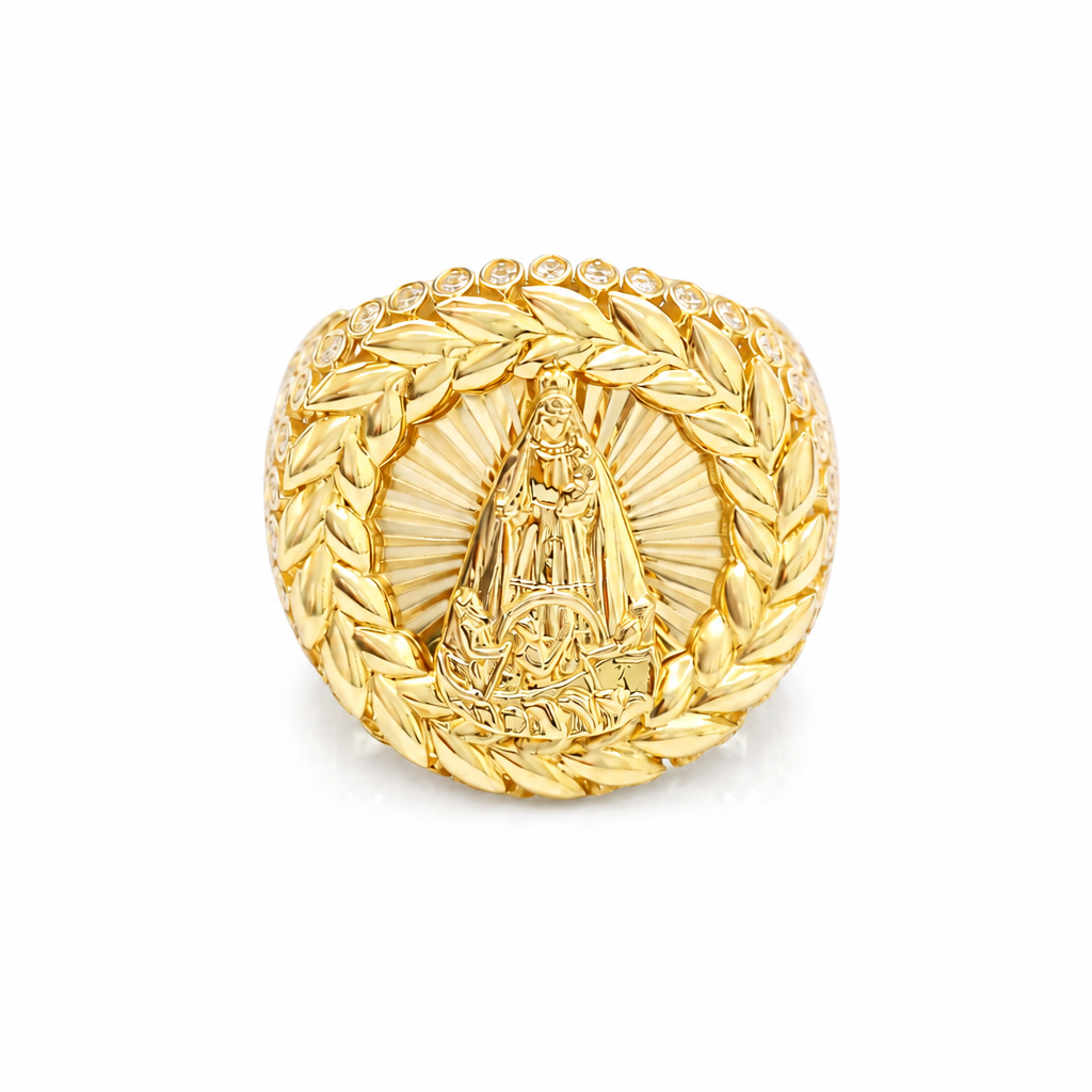 14KT Gold Ring Men's Round Caridad Cobre Wreath Border White CZ Stones Leaf Pattern on Shank (Two White CZ Stones in each Leaf)