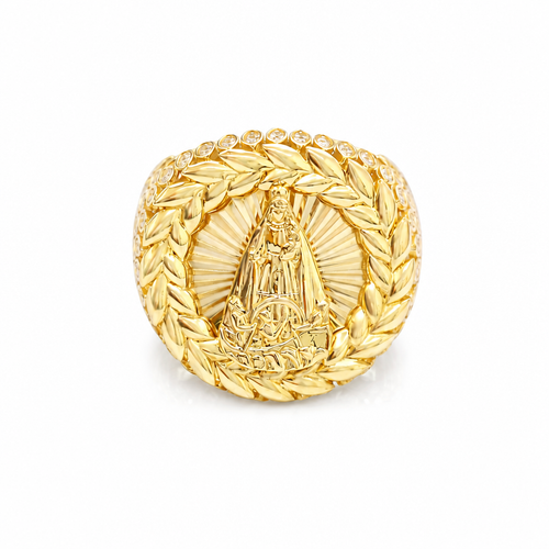 14KT Gold Ring Men's Round Caridad Cobre Wreath Border White CZ Stones Leaf Pattern on Shank (Two White CZ Stones in each Leaf)