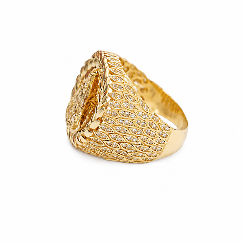 14KT Gold Ring Men's Round Caridad Cobre Wreath Border White CZ Stones Leaf Pattern on Shank (Two White CZ Stones in each Leaf)