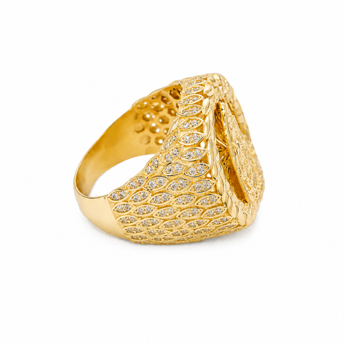 14KT Gold Ring Men's Round Caridad Cobre Wreath Border White CZ Stones Leaf Pattern on Shank (Two White CZ Stones in each Leaf)