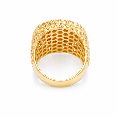 14KT Gold Ring Men's Round Caridad Cobre Wreath Border White CZ Stones Leaf Pattern on Shank (Two White CZ Stones in each Leaf)
