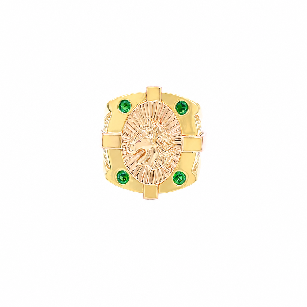 14KT Gold Ring Men's Two Tone Square Shape Oval Horse Head Portrait with Sunray Background and Corner Design One Green CZ Stone Shank Design Double Row White CZ Stone Interlocking Top/Side Cross