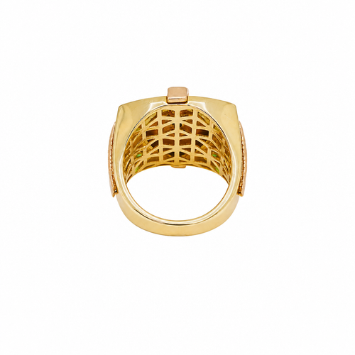 14KT Gold Ring Men's Two Tone Square Shape Oval Horse Head Portrait with Sunray Background and Corner Design One Green CZ Stone Shank Design Double Row White CZ Stone Interlocking Top/Side Cross
