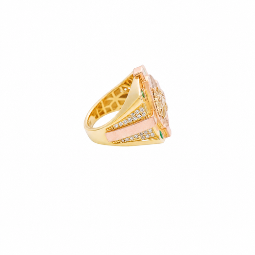 14KT Gold Ring Men's Two Tone Square Shape Oval Horse Head Portrait with Sunray Background and Corner Design One Green CZ Stone Shank Design Double Row White CZ Stone Interlocking Top/Side Cross